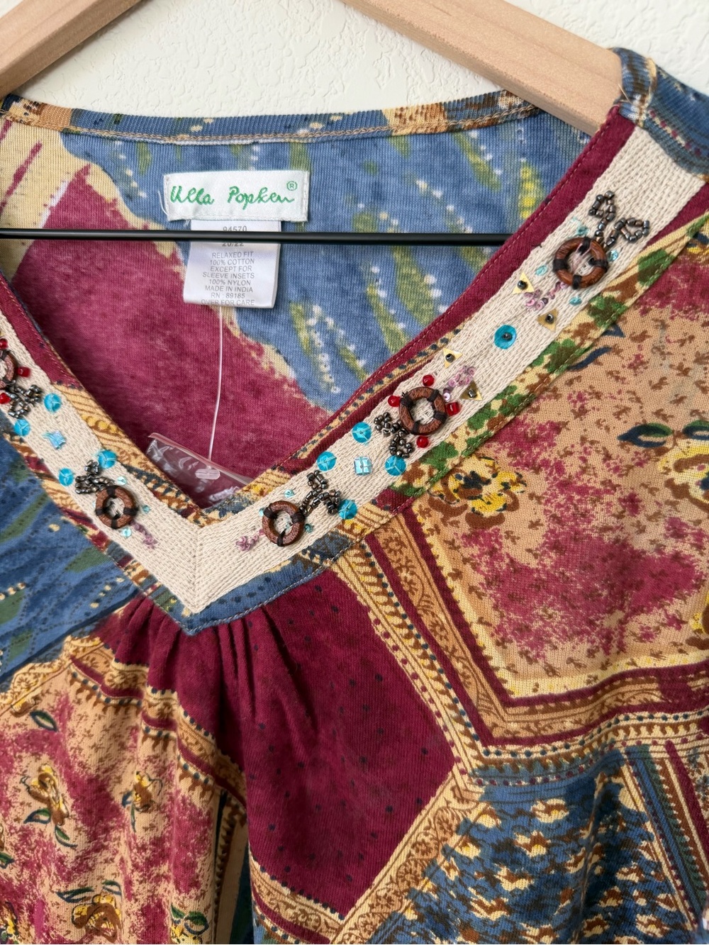 Ulla Popken Boho Patchwork Relaxed Fit V-Neck Tunic Burgundy Multi Size 20/22 - Picture 2 of 13